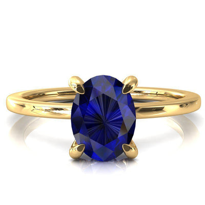 Rosy Oval Blue Sapphire 4 Claw Prong Single Rail Micropave Engagement Ring-FIRE & BRILLIANCE