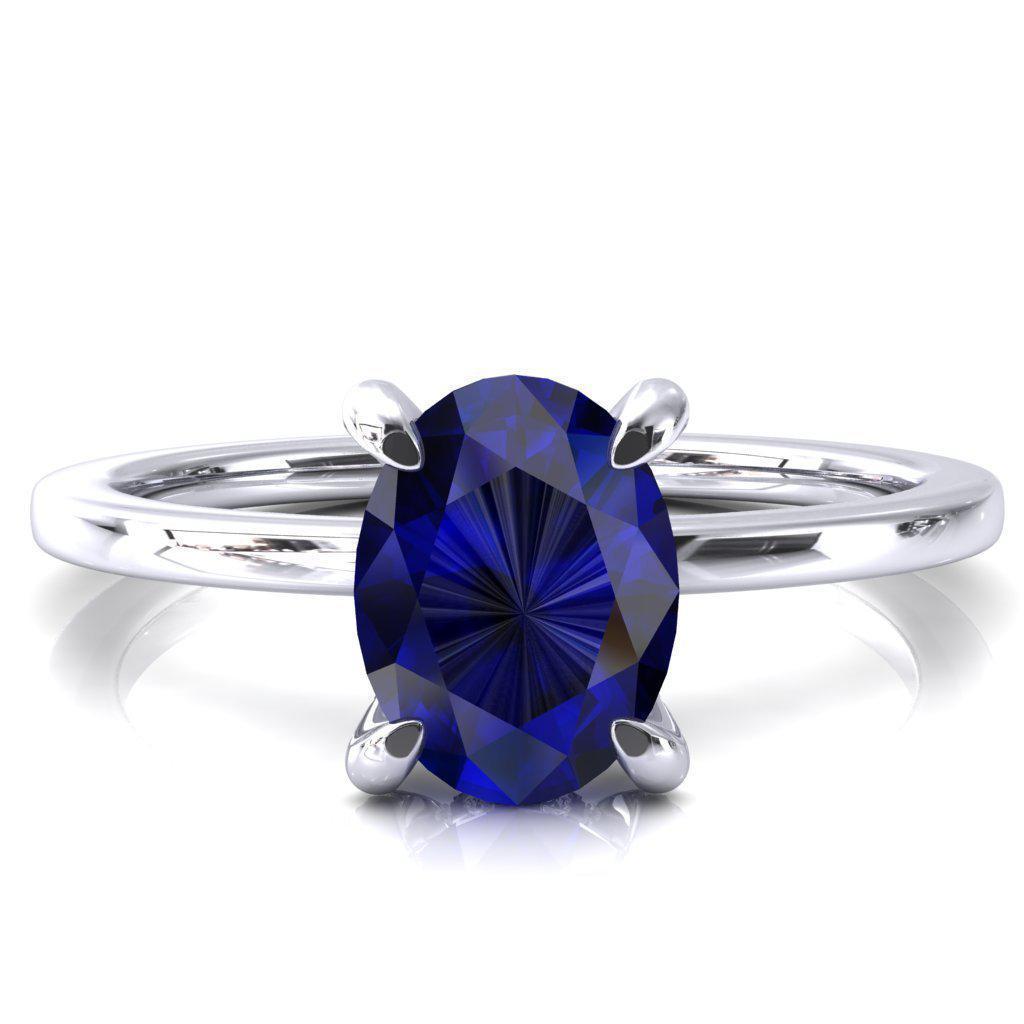Rosy Oval Blue Sapphire 4 Claw Prong Single Rail Micropave Engagement Ring-FIRE & BRILLIANCE