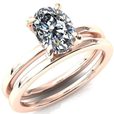 Rosy Oval Moissanite 4 Claw Prong Single Rail Micropave Engagement Ring-FIRE & BRILLIANCE