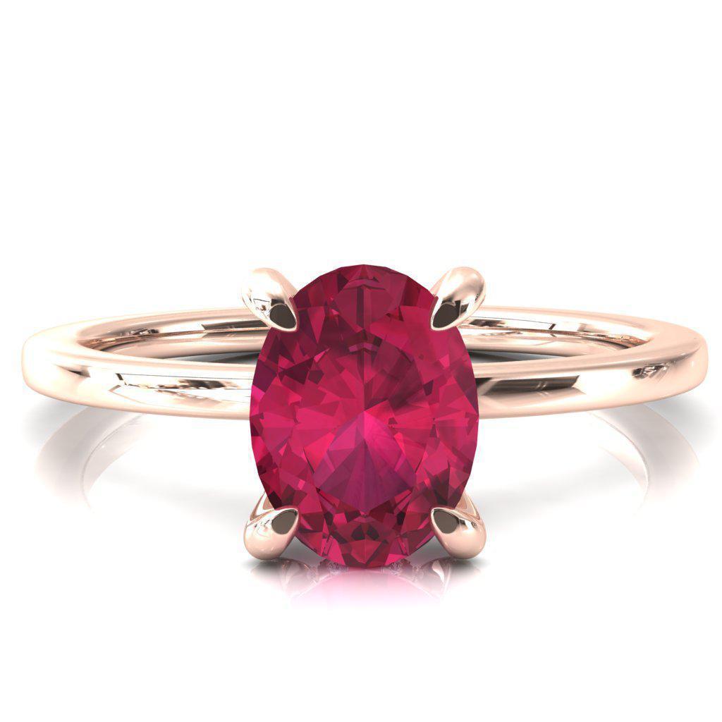 Rosy Oval Ruby 4 Claw Prong Single Rail Micropave Engagement Ring-FIRE & BRILLIANCE