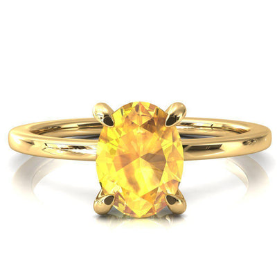 Rosy Oval Yellow Sapphire 4 Claw Prong Single Rail Micropave Engagement Ring-FIRE & BRILLIANCE