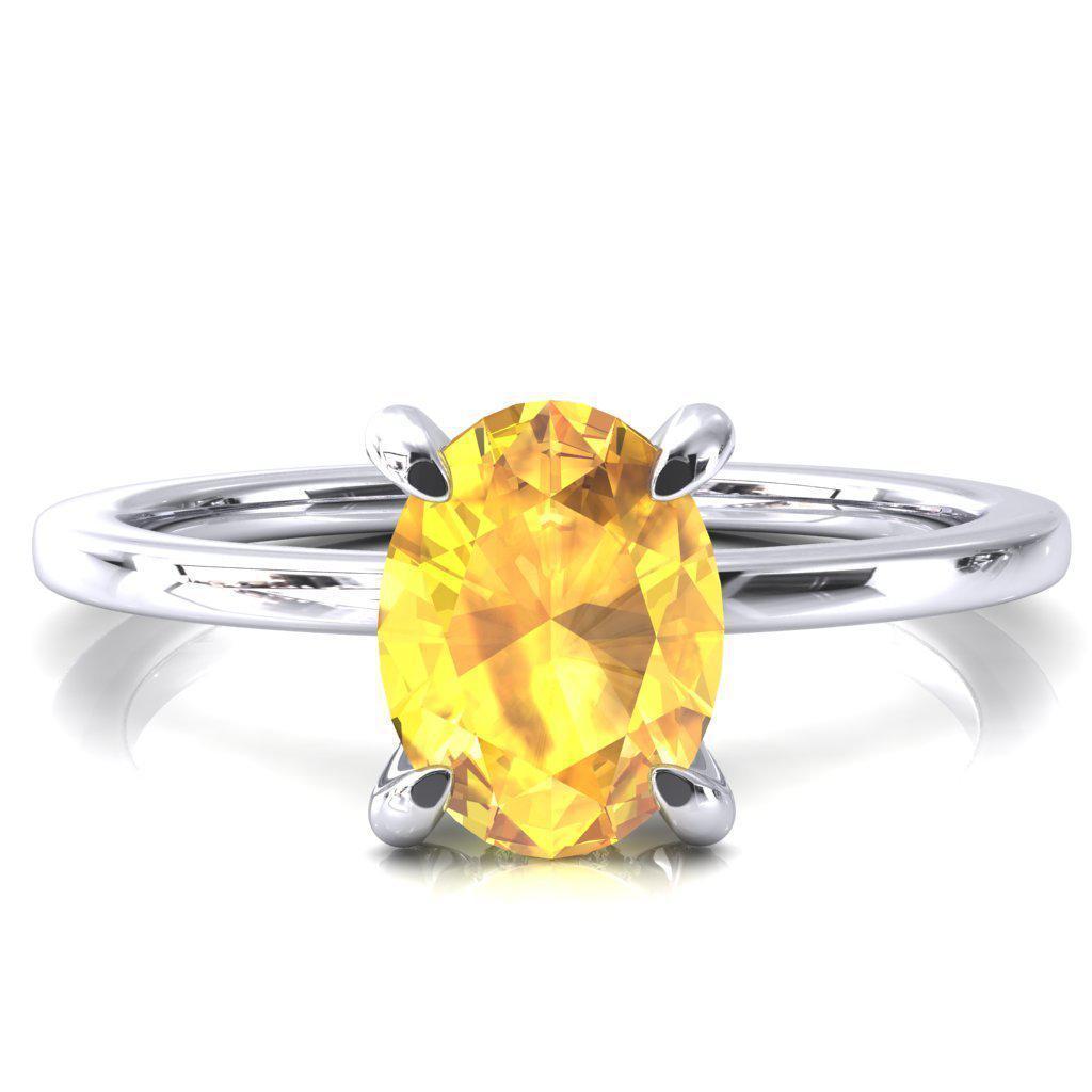 Rosy Oval Yellow Sapphire 4 Claw Prong Single Rail Micropave Engagement Ring-FIRE & BRILLIANCE