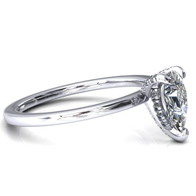 Rosy Pear Moissanite 3 Claw Prong Single Rail Micropave Engagement Ring-FIRE & BRILLIANCE