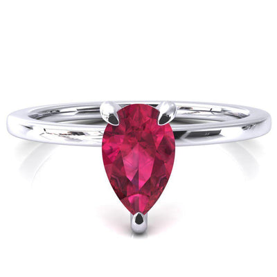 Rosy Pear Ruby 3 Claw Prong Single Rail Micropave Engagement Ring-FIRE & BRILLIANCE