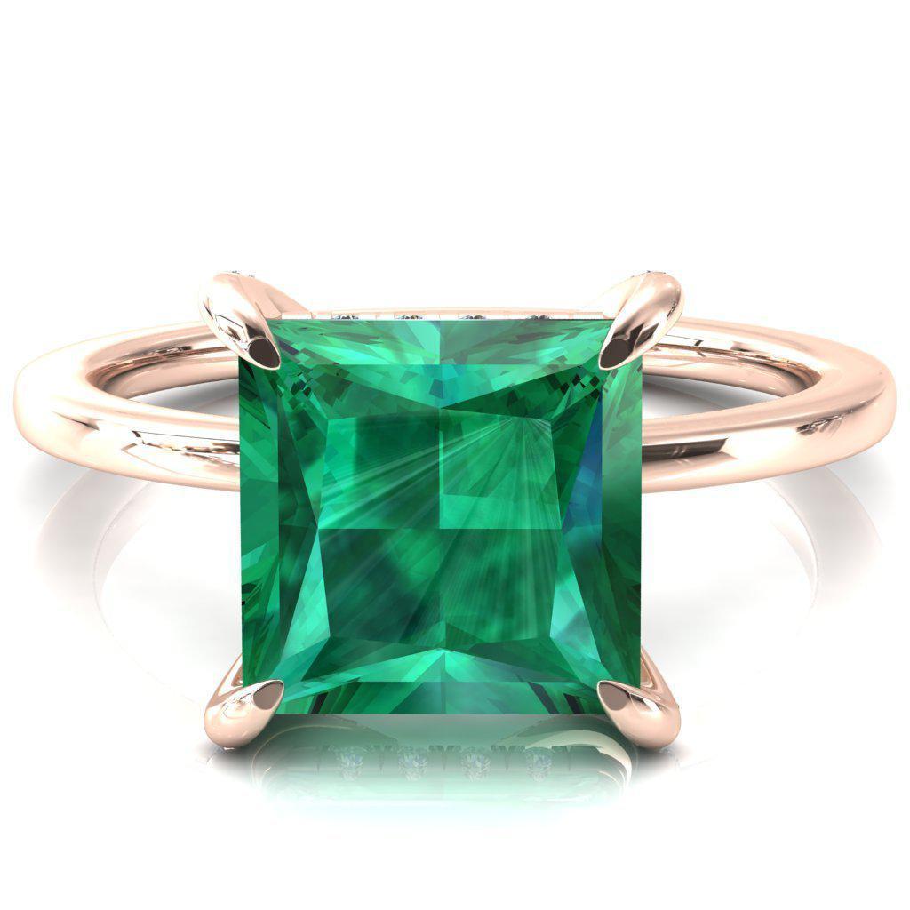 Rosy Princess Emerald 4 Claw Prong Single Rail Micropave Engagement Ring-FIRE & BRILLIANCE