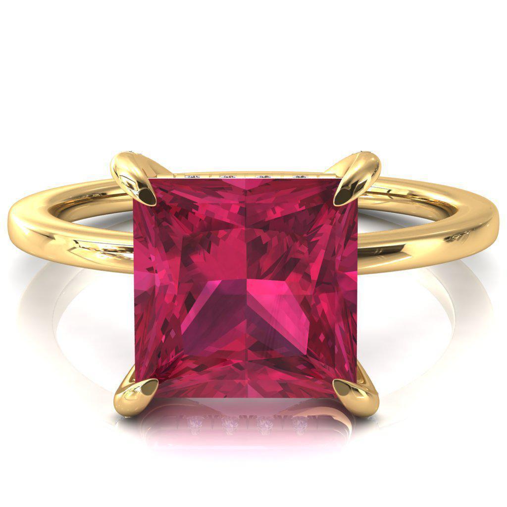 Rosy Princess Ruby 4 Claw Prong Single Rail Micropave Engagement Ring-FIRE & BRILLIANCE