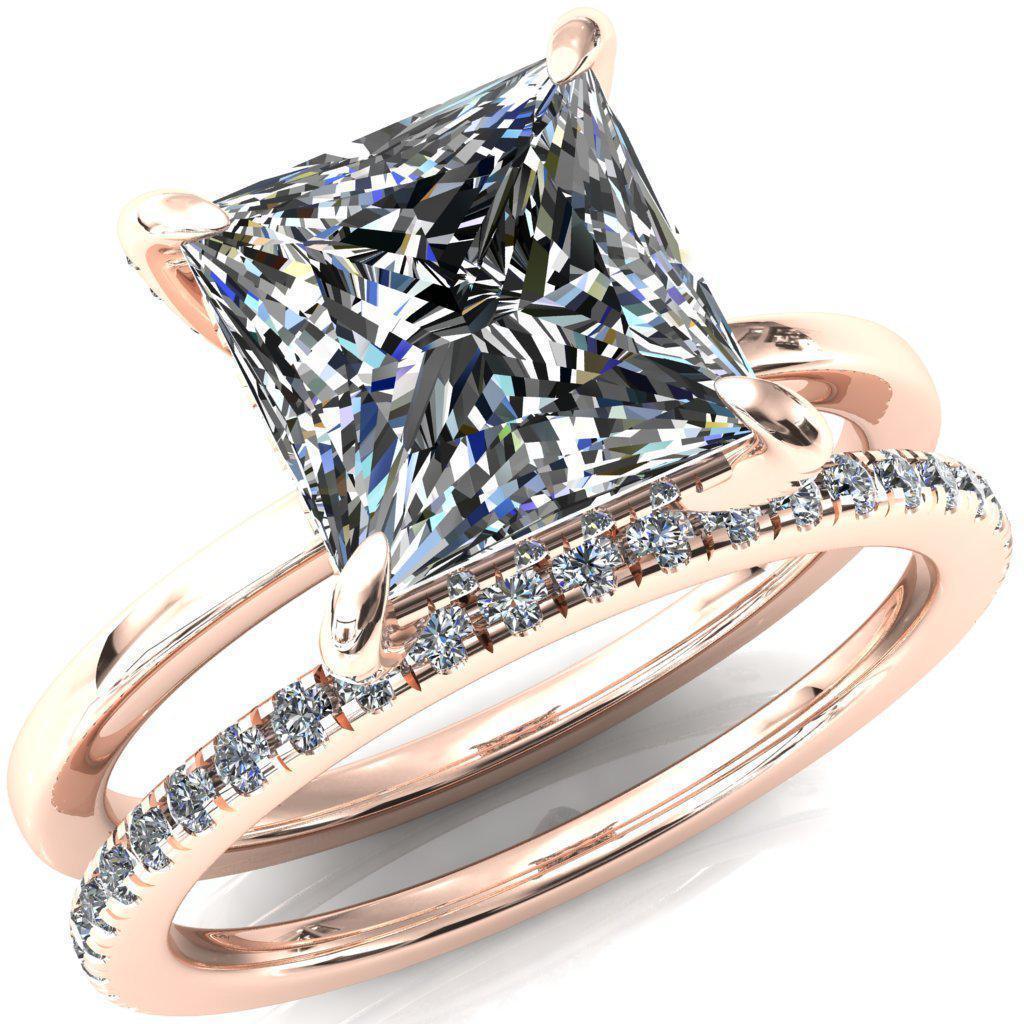 Rosy Princess/Square Moissanite 4 Claw Prong Single Rail Micropave Engagement Ring-FIRE & BRILLIANCE