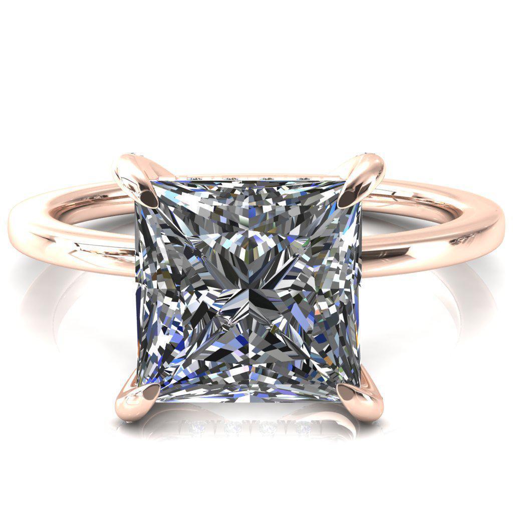Rosy Princess/Square Moissanite 4 Claw Prong Single Rail Micropave Engagement Ring-FIRE & BRILLIANCE