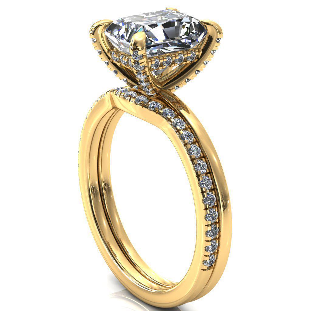 Rosy Radiant Moissanite 4 Claw Prong Single Rail Micropave Engagement Ring-FIRE & BRILLIANCE