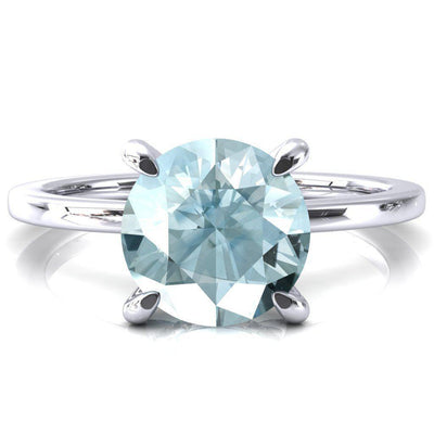 Rosy Round Aqua Blue Spinel 4 Claw Prong Single Rail Micropave Engagement Ring-FIRE & BRILLIANCE