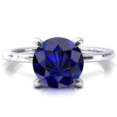 Rosy Round Blue Sapphire 4 Claw Prong Single Rail Micropave Engagement Ring-FIRE & BRILLIANCE