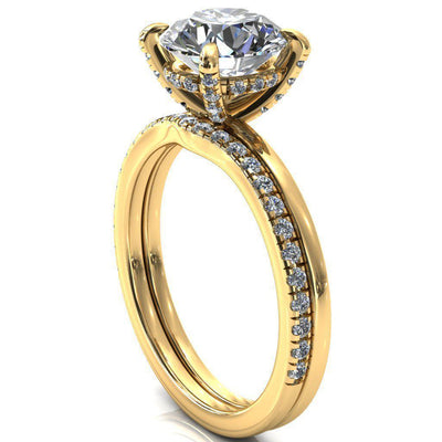 Rosy Round Moissanite 4 Claw Prong Single Rail Micropave Engagement Ring-FIRE & BRILLIANCE