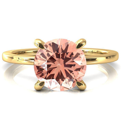 Rosy Round Champagne Sapphire 4 Claw Prong Single Rail Micropave Engagement Ring-FIRE & BRILLIANCE