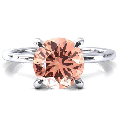Rosy Round Champagne Sapphire 4 Claw Prong Single Rail Micropave Engagement Ring-FIRE & BRILLIANCE