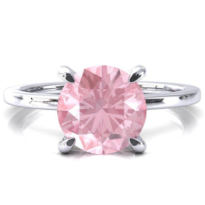 Rosy Round Pink Sapphire 4 Claw Prong Single Rail Micropave Engagement Ring-FIRE & BRILLIANCE