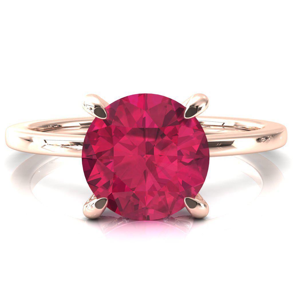 Rosy Round Ruby 4 Claw Prong Single Rail Micropave Engagement Ring-FIRE & BRILLIANCE