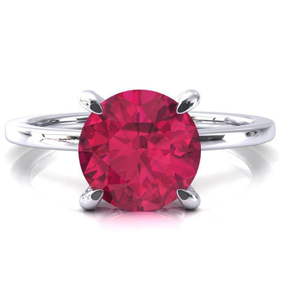 Rosy Round Ruby 4 Claw Prong Single Rail Micropave Engagement Ring-FIRE & BRILLIANCE