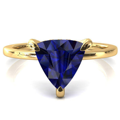 Rosy Trillion Blue Sapphire 3 Claw Prong Single Rail Micropave Engagement Ring-FIRE & BRILLIANCE