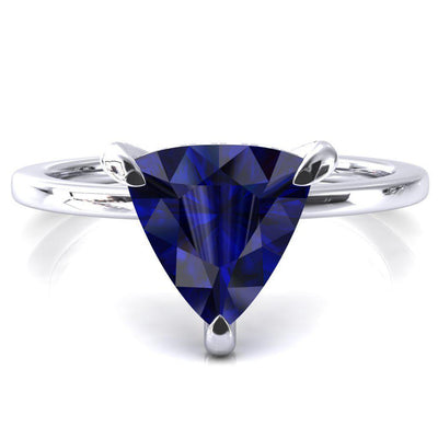 Rosy Trillion Blue Sapphire 3 Claw Prong Single Rail Micropave Engagement Ring-FIRE & BRILLIANCE