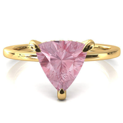 Rosy Trillion Pink Sapphire 3 Claw Prong Single Rail Micropave Engagement Ring-FIRE & BRILLIANCE