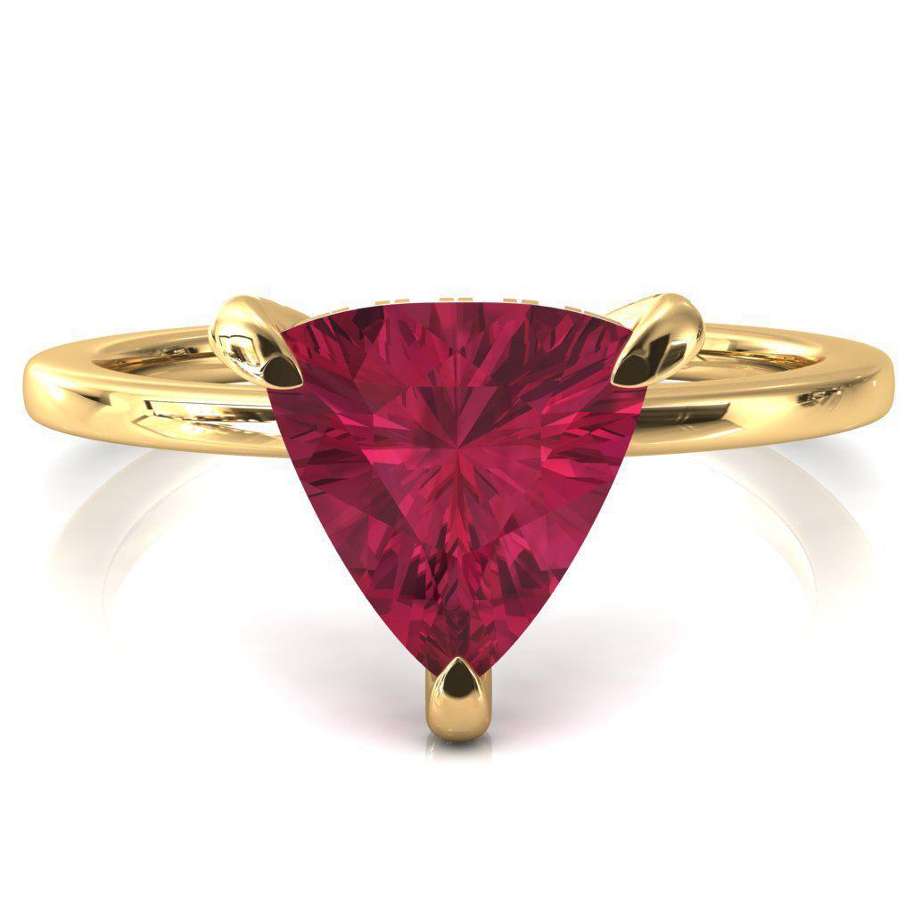 Rosy Trillion Ruby 3 Claw Prong Single Rail Micropave Engagement Ring-FIRE & BRILLIANCE