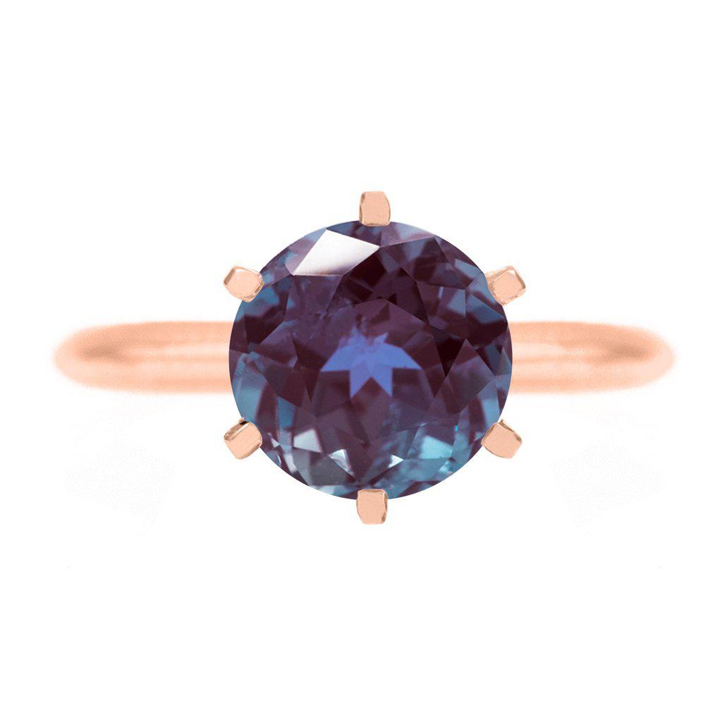 Round Alexandrite 14K Rose Gold 6 Prongs Solitaire Ring-FIRE & BRILLIANCE