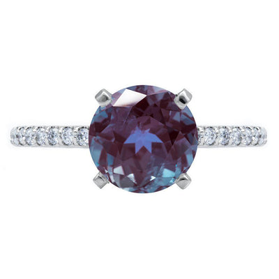 Round Alexandrite 4 Prongs Diamond Accent Ice Solitaire Ring-FIRE & BRILLIANCE