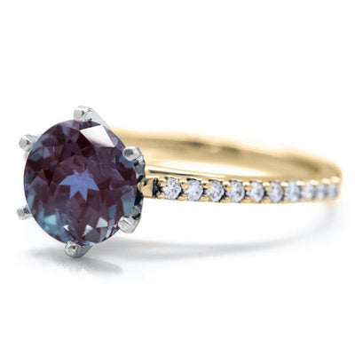 Round Alexandrite 6 Prongs Diamond Accent Ice Cathedral Solitaire Ring-FIRE & BRILLIANCE