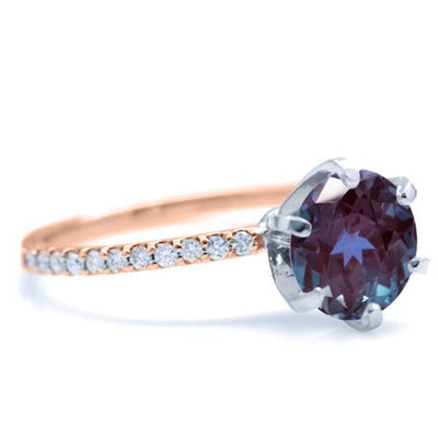 Round Alexandrite 6 Prongs Diamond Accent Ice Solitaire Ring-FIRE & BRILLIANCE
