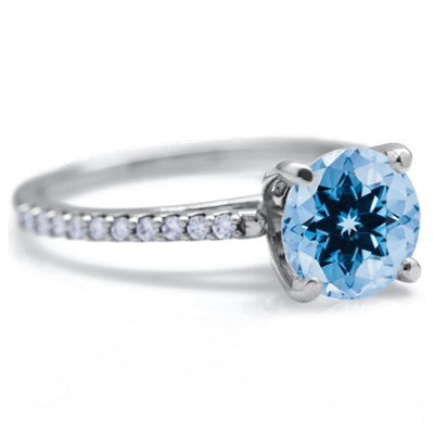 Round Aqua Blue Spinel 4 Prongs Diamond Accent Ice Cathedral Solitaire Ring-FIRE & BRILLIANCE