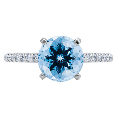 Round Aqua Blue Spinel 4 Prongs Diamond Accent Ice Cathedral Solitaire Ring-FIRE & BRILLIANCE
