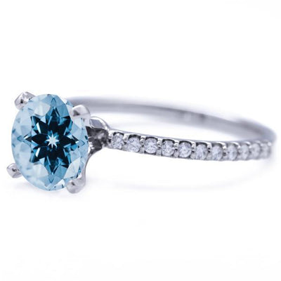 Round Aqua Blue Spinel 4 Prongs Diamond Accent Ice Solitaire Ring-FIRE & BRILLIANCE