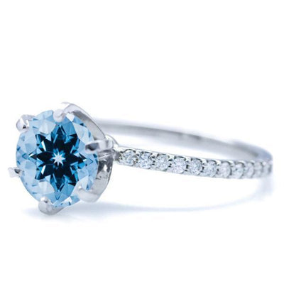 Round Aqua Blue Spinel 6 Prongs Diamond Accent Ice Solitaire Ring-FIRE & BRILLIANCE