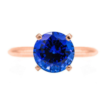 Round Blue Sapphire 14K Rose Gold 4 Prongs Solitaire Ring-FIRE & BRILLIANCE