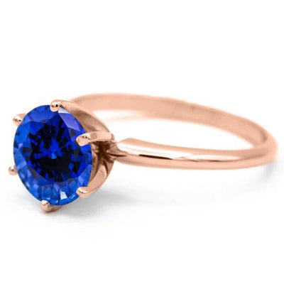 Round Blue Sapphire 14K Rose Gold 6 Prongs Solitaire Ring-FIRE & BRILLIANCE