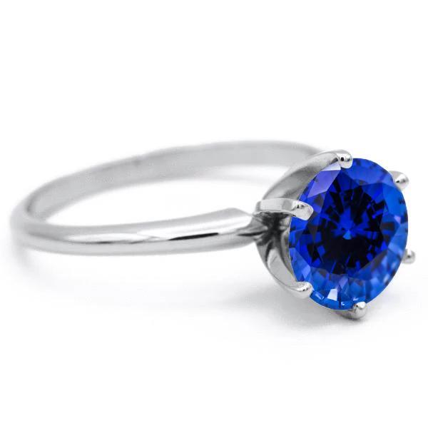 Round Blue Sapphire 14K or 18K White Gold 6 Prongs Solitaire Ring-FIRE & BRILLIANCE