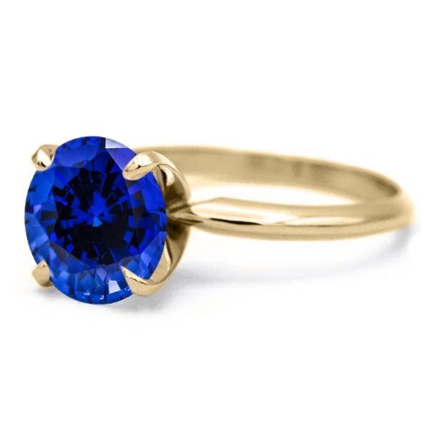 Round Blue Sapphire 14K or 18K Yellow Gold 4 Prongs Solitaire Ring-FIRE & BRILLIANCE
