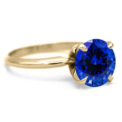 Round Blue Sapphire 14K or 18K Yellow Gold 4 Prongs Solitaire Ring-FIRE & BRILLIANCE