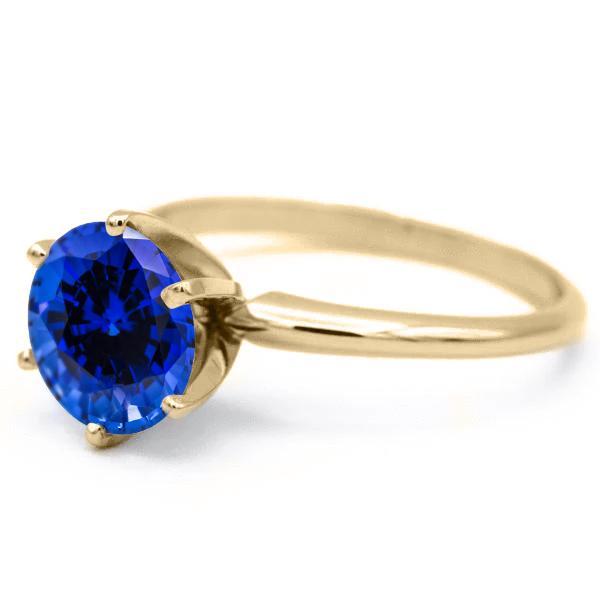 Round Blue Sapphire 14K or 18K Yellow Gold 6 Prongs Solitaire Ring-FIRE & BRILLIANCE