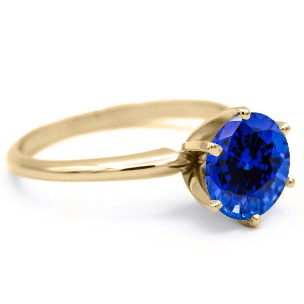 Round Blue Sapphire 14K or 18K Yellow Gold 6 Prongs Solitaire Ring-FIRE & BRILLIANCE