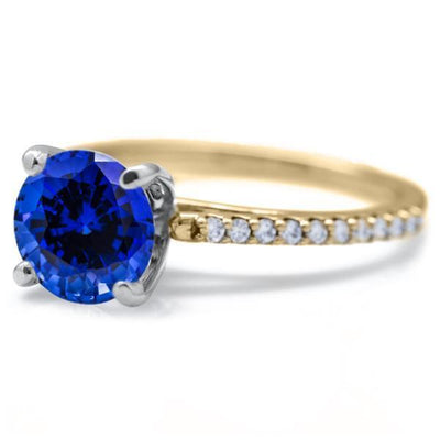Round Blue Sapphire 4 Prongs Diamond Accent Ice Cathedral Solitaire Ring-FIRE & BRILLIANCE