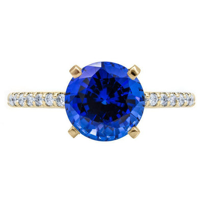 Round Blue Sapphire 4 Prongs Diamond Accent Ice Cathedral Solitaire Ring-FIRE & BRILLIANCE