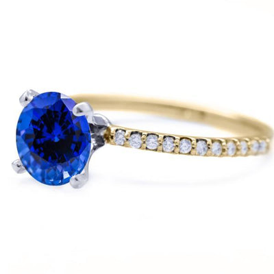 Round Blue Sapphire 4 Prongs Diamond Accent Ice Solitaire Ring-FIRE & BRILLIANCE