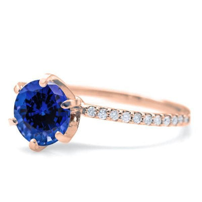 Round Blue Sapphire 4 Prongs Diamond Accent Ice Solitaire Ring-FIRE & BRILLIANCE