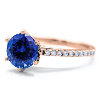 Round Blue Sapphire 6 Prongs Diamond Accent Ice Cathedral Solitaire Ring-FIRE & BRILLIANCE