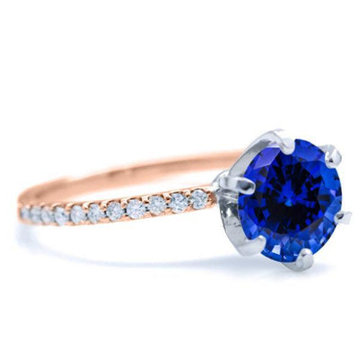 Round Blue Sapphire 6 Prongs Diamond Accent Ice Solitaire Ring-FIRE & BRILLIANCE