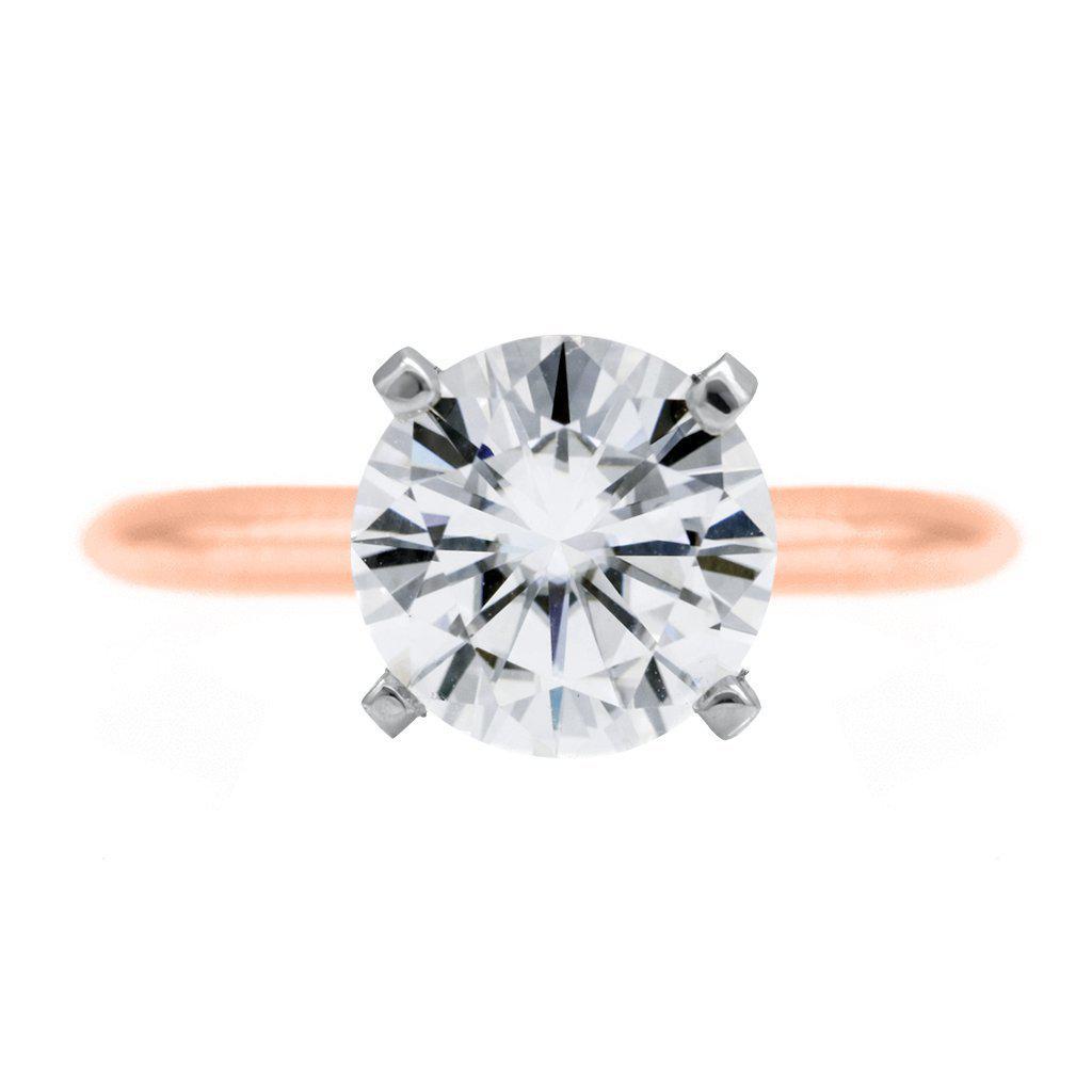 Round Moissanite 14K or 18K Two-Tone Rose Gold Band and White Gold 4 Prongs Solitaire Ring-Solitaire Ring-Fire & Brilliance ®