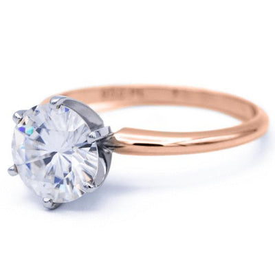 Round Moissanite 14K or 18K Two-Tone Rose Gold Band and White Gold 6 Prongs Solitaire Ring-Solitaire Ring-Fire & Brilliance ®