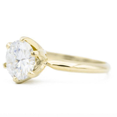 Round Moissanite 14K or 18K Yellow Gold 6 Prongs Royal Crown Setting Solitaire Ring-Solitaire Ring-Fire & Brilliance ®