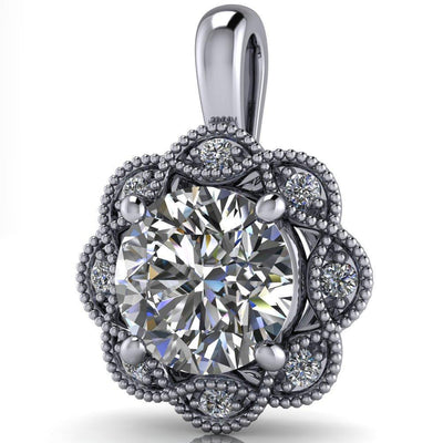 Round Moissanite 4 Prong Milgrain Diamond Halo Pendant-Pendants-Fire & Brilliance ®